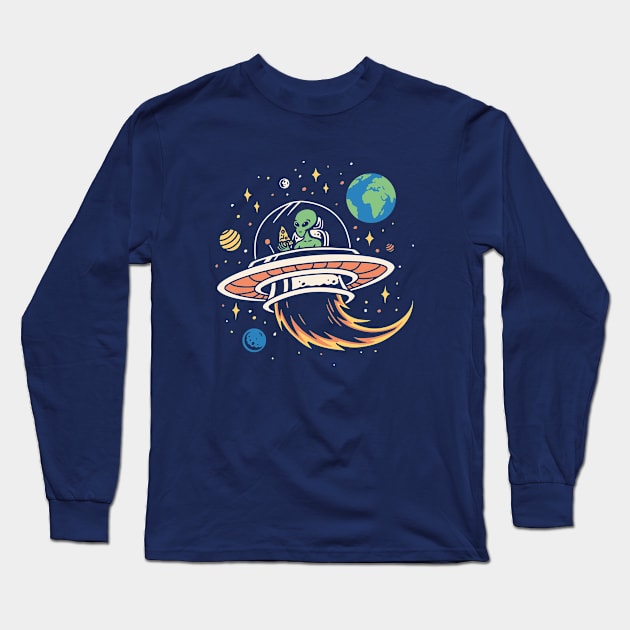 Alien looking for pizza Long Sleeve T-Shirt by hellfunco